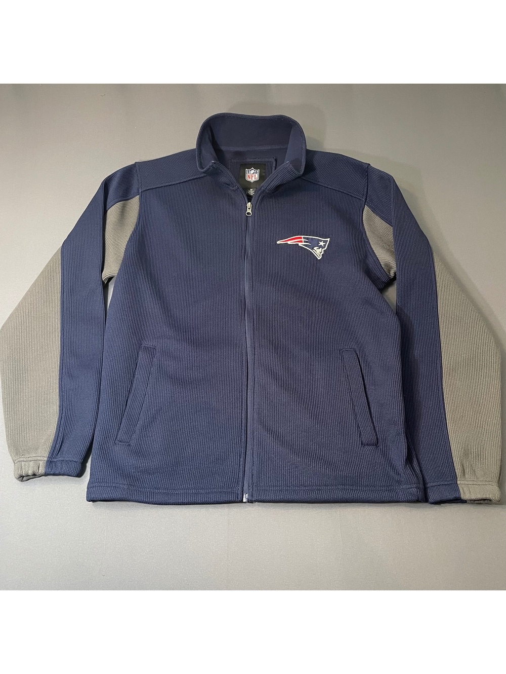 NFL New England Patriots Navy and Gray Full Zip Knit Jacket Medium